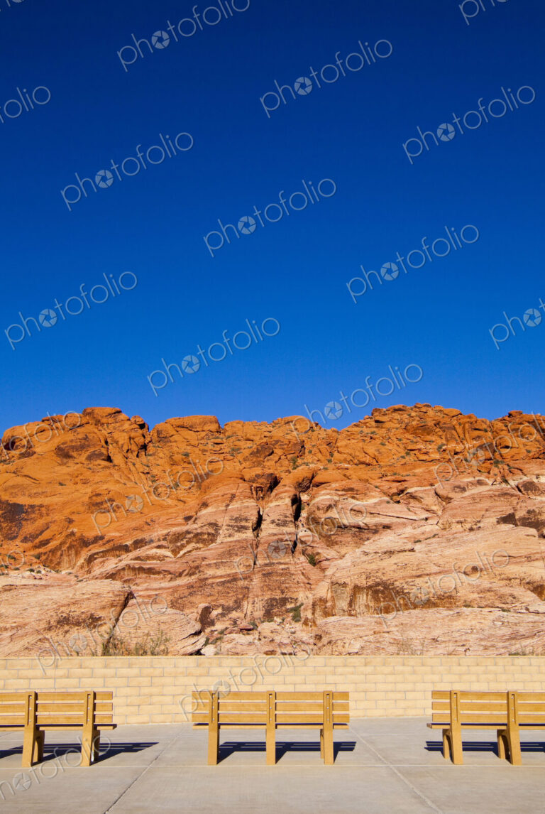 Park benches facing Red Rock Canyon, Nevada, United States