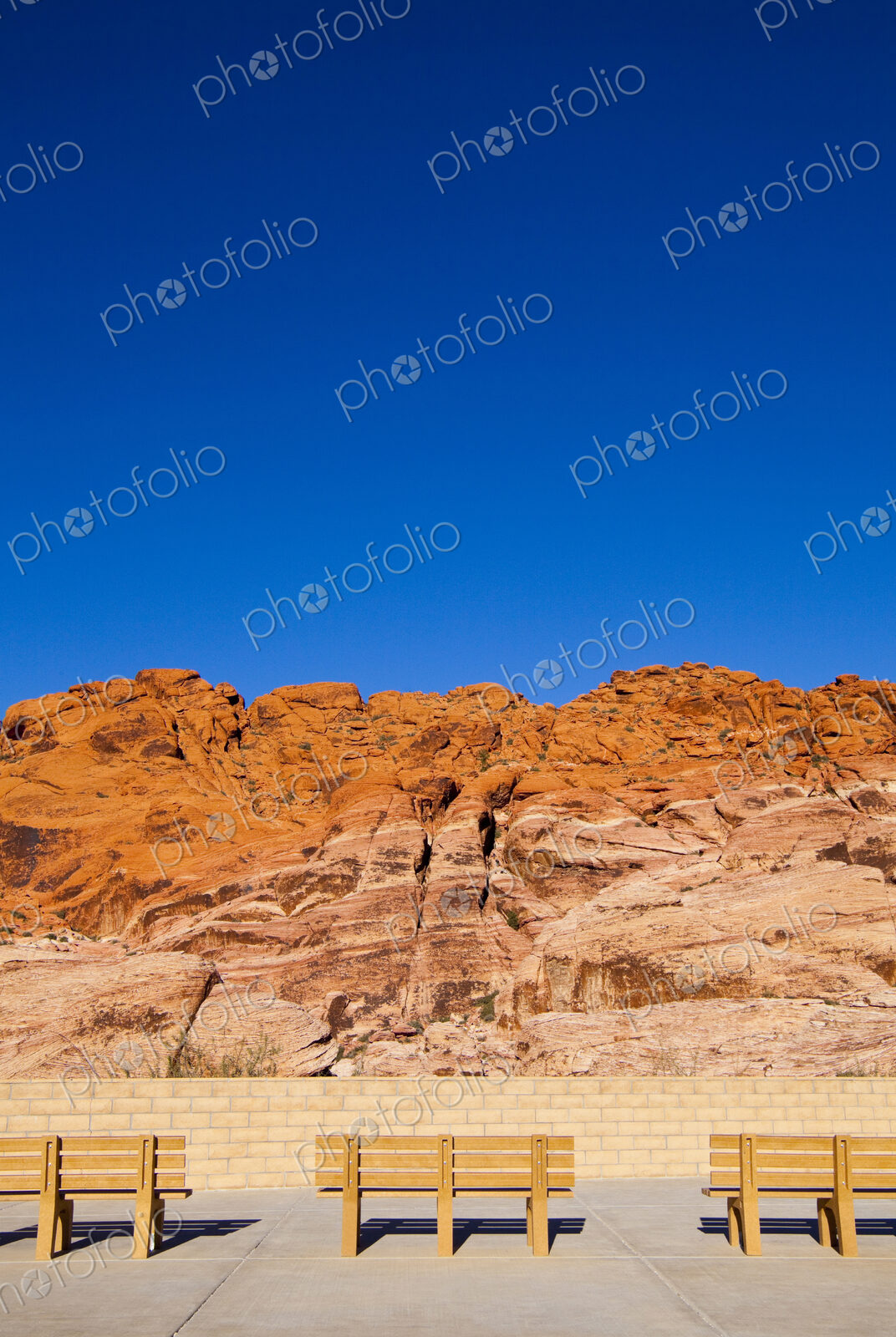 Park benches facing Red Rock Canyon, Nevada, United States