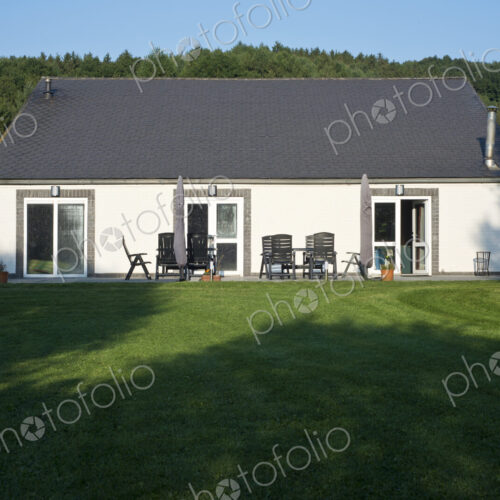 Patio and lawn outside house