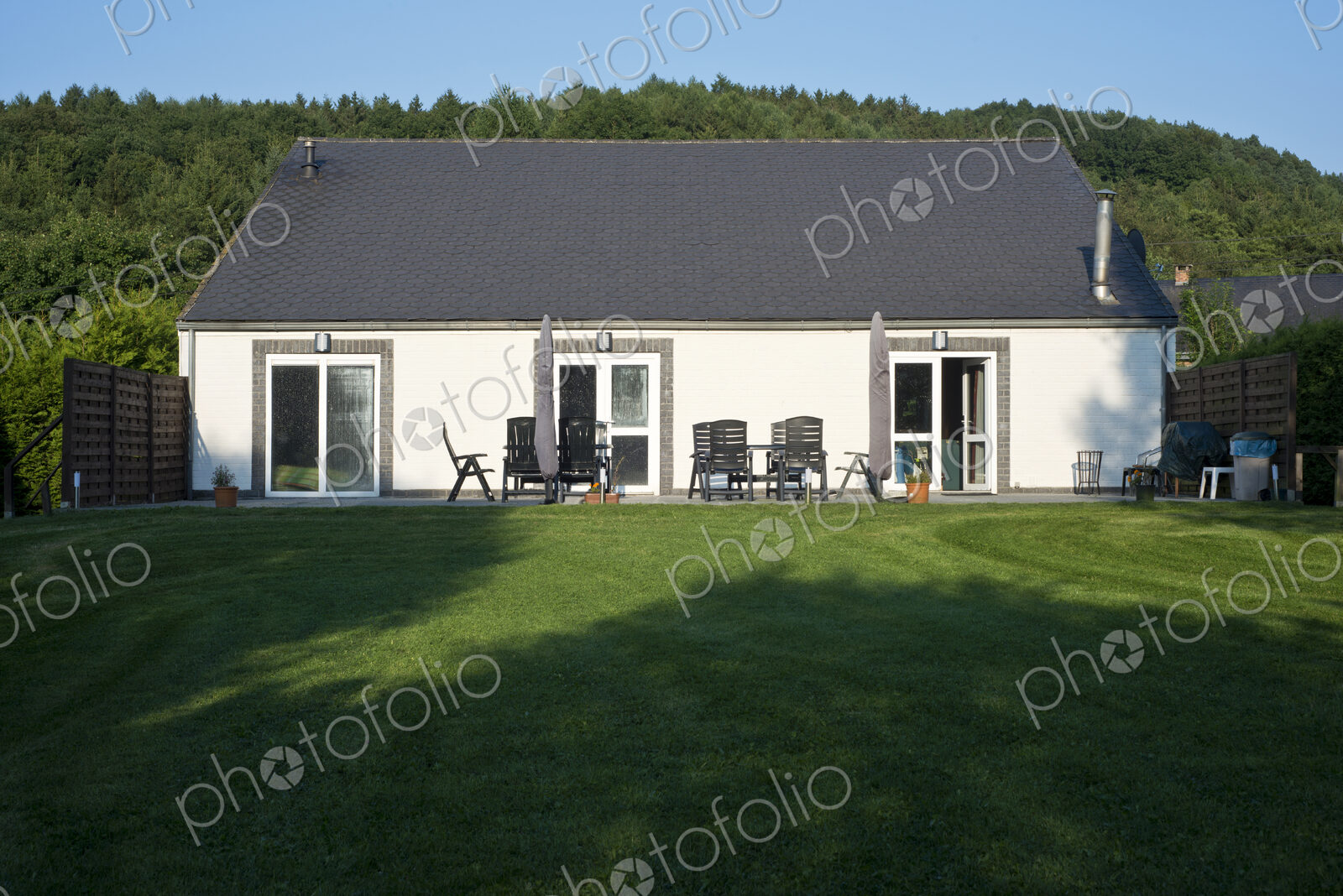 Patio and lawn outside house