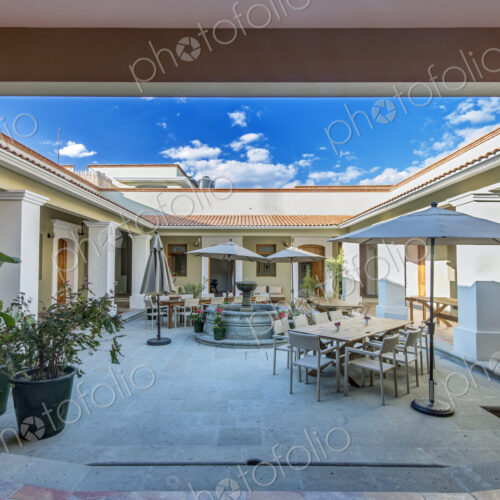 Patio furniture in modern courtyard