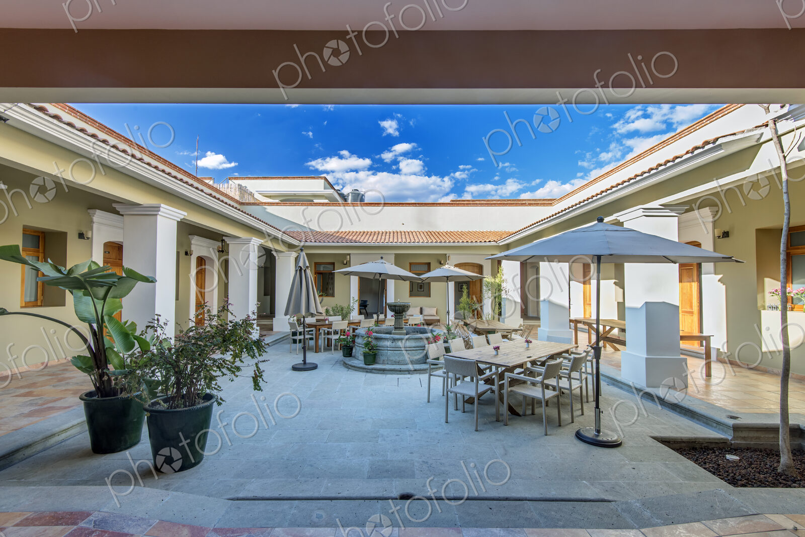 Patio furniture in modern courtyard
