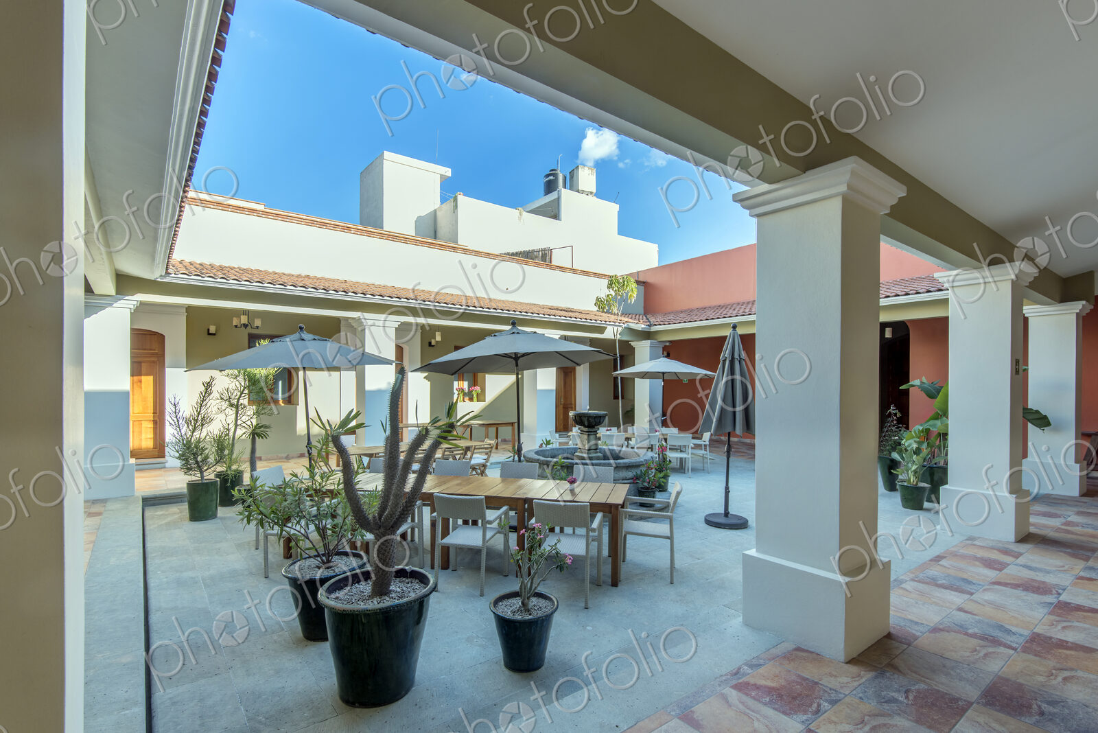 Patio tables in hotel courtyard