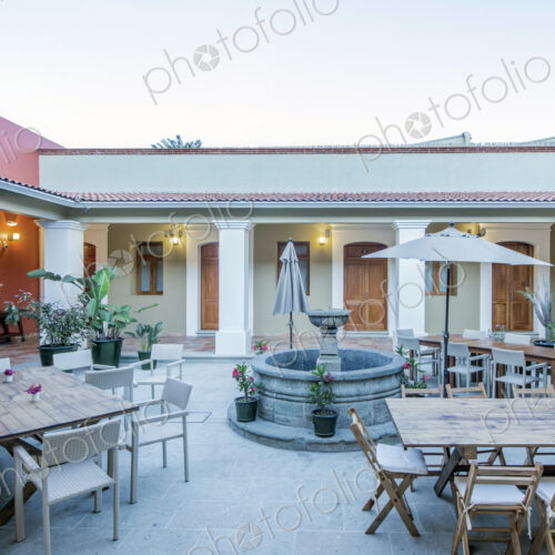 Patio tables in hotel courtyard