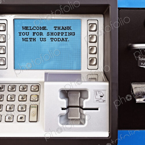 Payment terminal, credit card payment screen message, and numbered buttons Payment terminal, credit card payment screen message, and numbered buttons