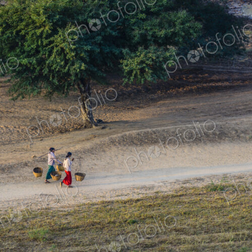 People carrying baskets on dirt path in rural landscape People carrying baskets on dirt path in rural landscape