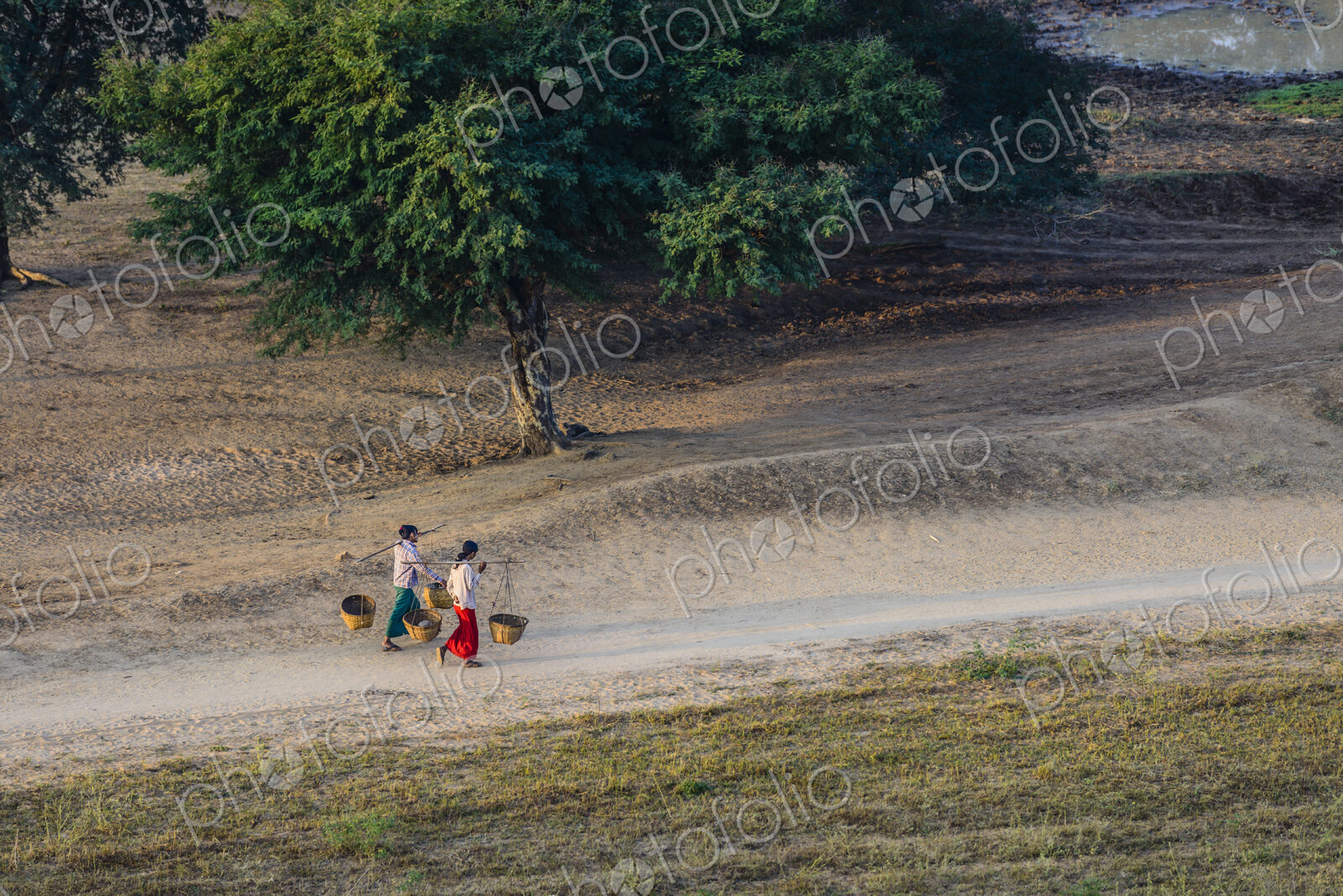 People carrying baskets on dirt path in rural landscape