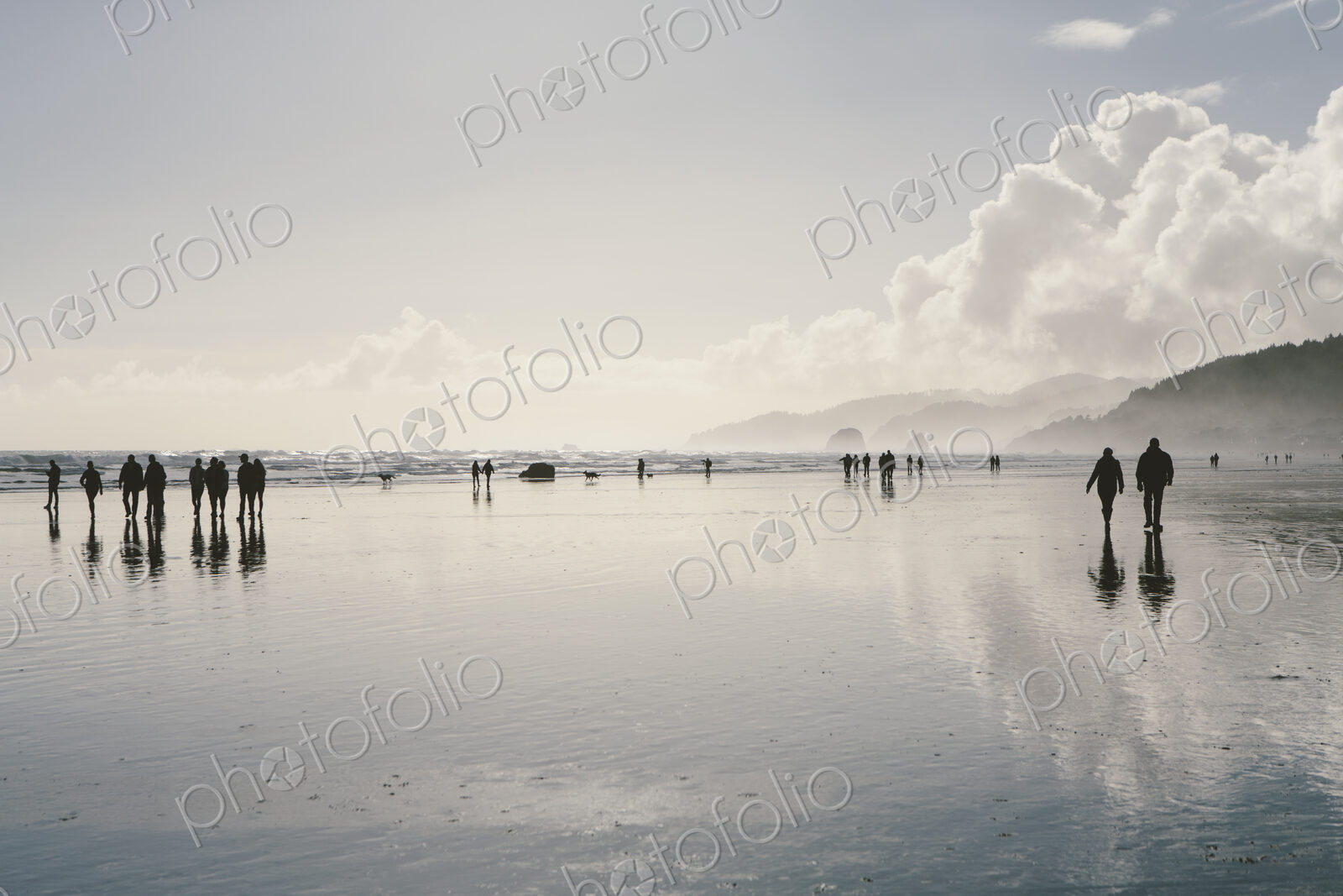 People walking on a vast open beach at low tide standing in shallow water, reflections…