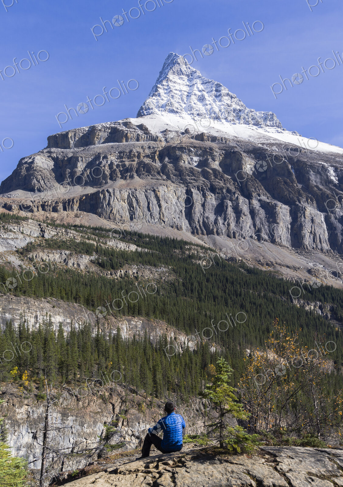 Person looking up at snow-covered Mount Robson.