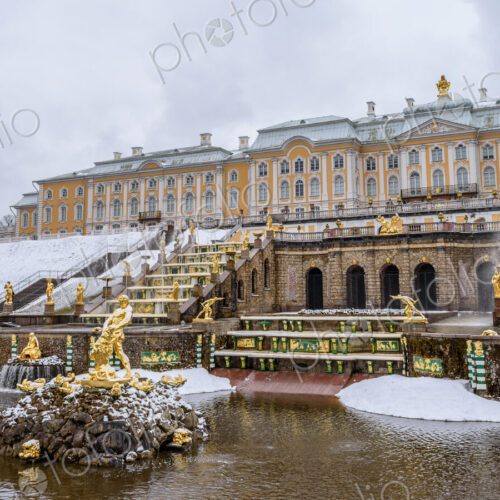 Peterhof, the 18th century summer palace of the Tsars, the gardens in winter, in light… Peterhof, the 18th century summer palace of the Tsars, the gardens in winter, in light…