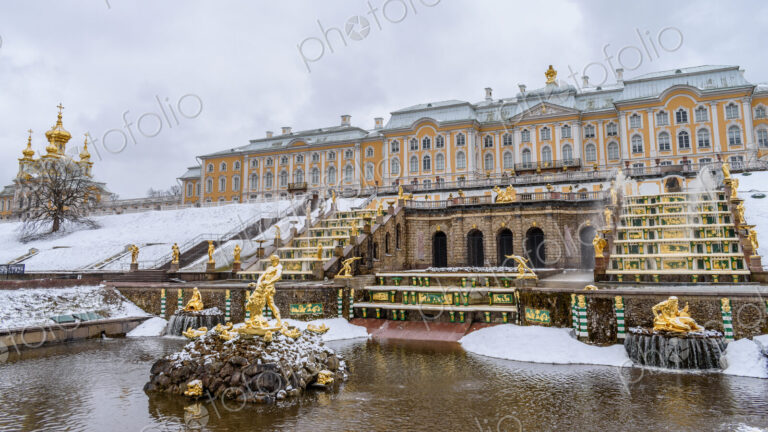 Peterhof, the 18th century summer palace of the Tsars, the gardens in winter, in light…