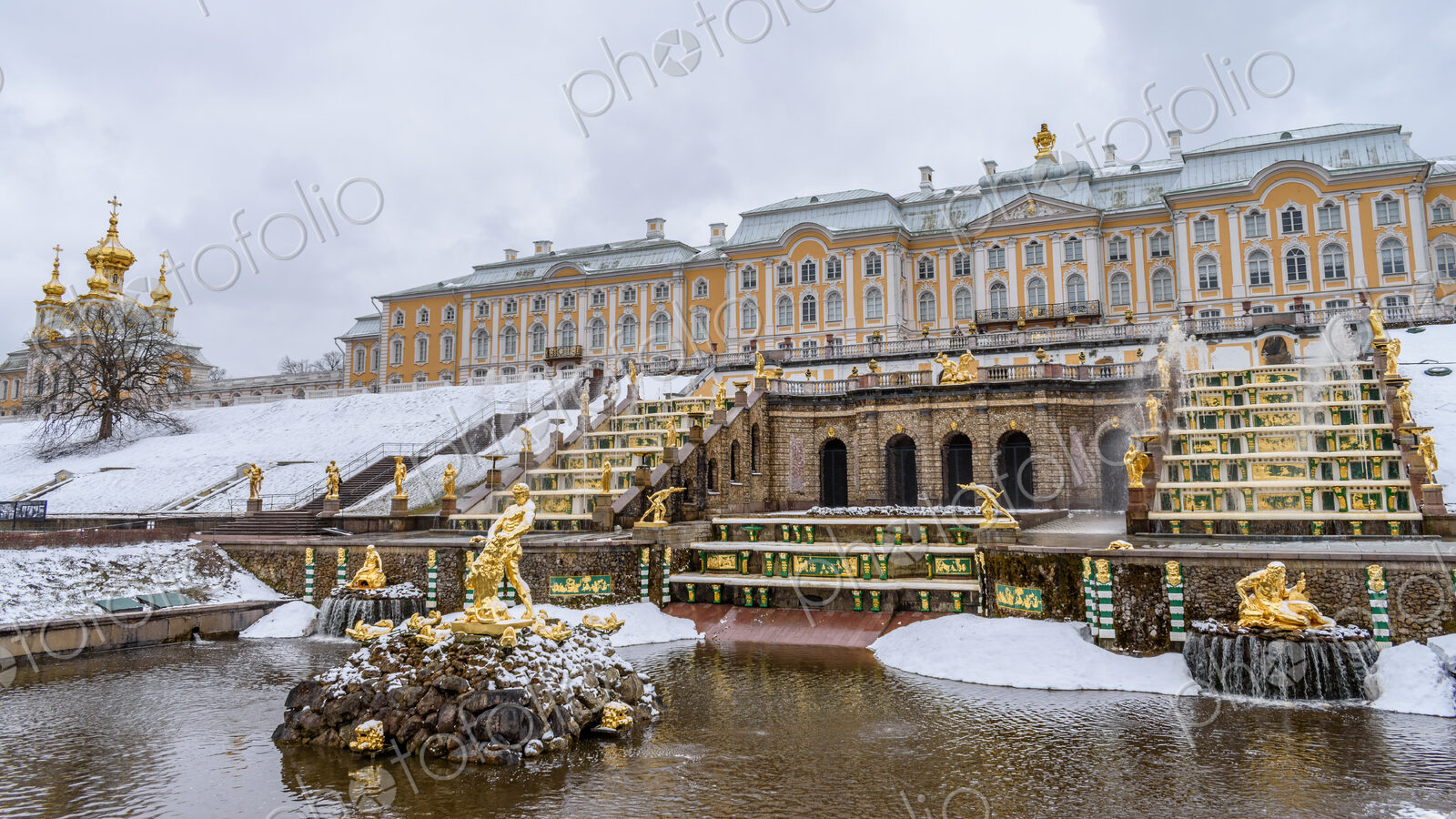 Peterhof, the 18th century summer palace of the Tsars, the gardens in winter, in light…