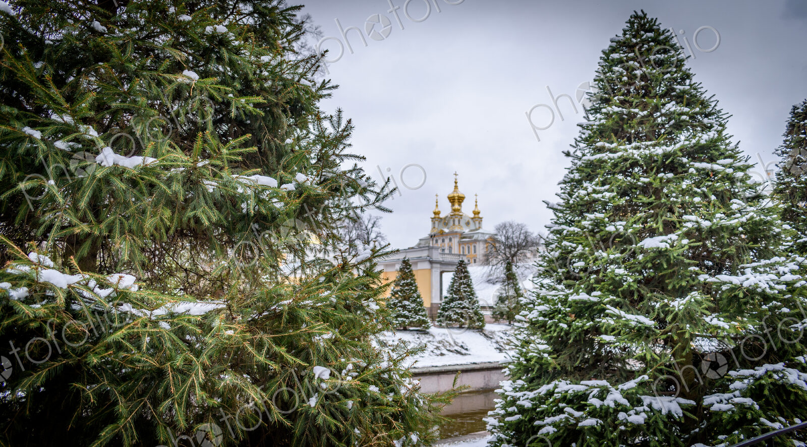 Peterhof, the 18th century summer palace of the Tsars, the gardens in winter, in light…