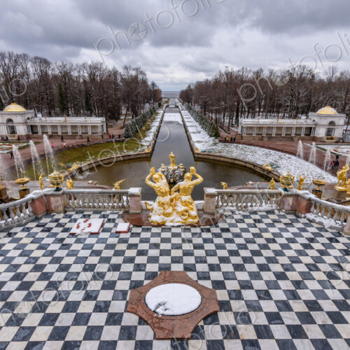 Peterhof, the 18th century summer palace of the Tsars, the gardens in winter, view of… Peterhof, the 18th century summer palace of the Tsars, the gardens in winter, view of…