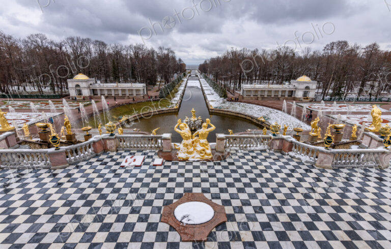 Peterhof, the 18th century summer palace of the Tsars, the gardens in winter, view of…