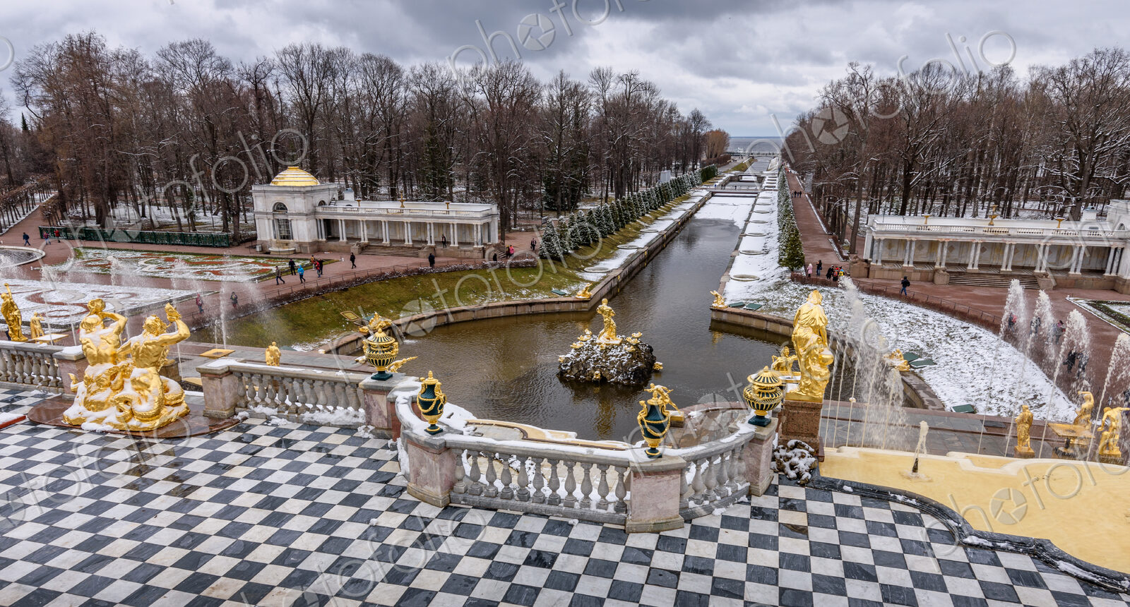 Peterhof, the 18th century summer palace of the Tsars, the gardens in winter, view of…