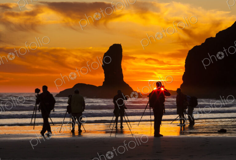 Photographers at sunset at Second Beach, Olympic National Park, Washington, USA