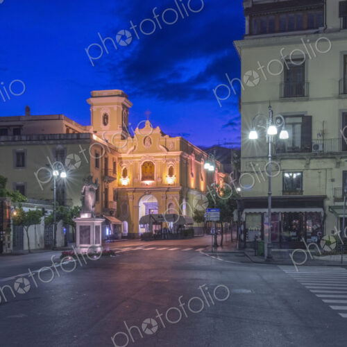 Piazza Tasso and buildings illuminated at night, Sorrento, Naples, Italy