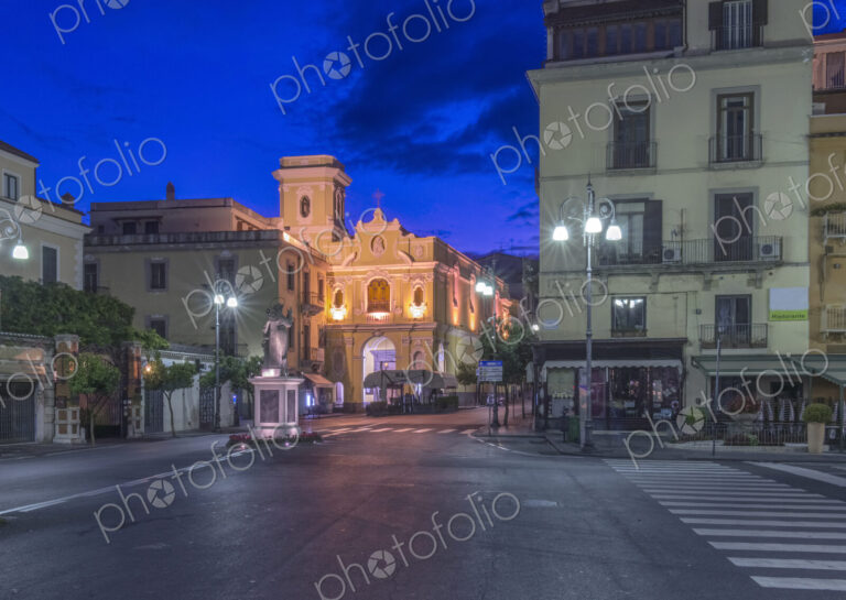 Piazza Tasso and buildings illuminated at night, Sorrento, Naples, Italy