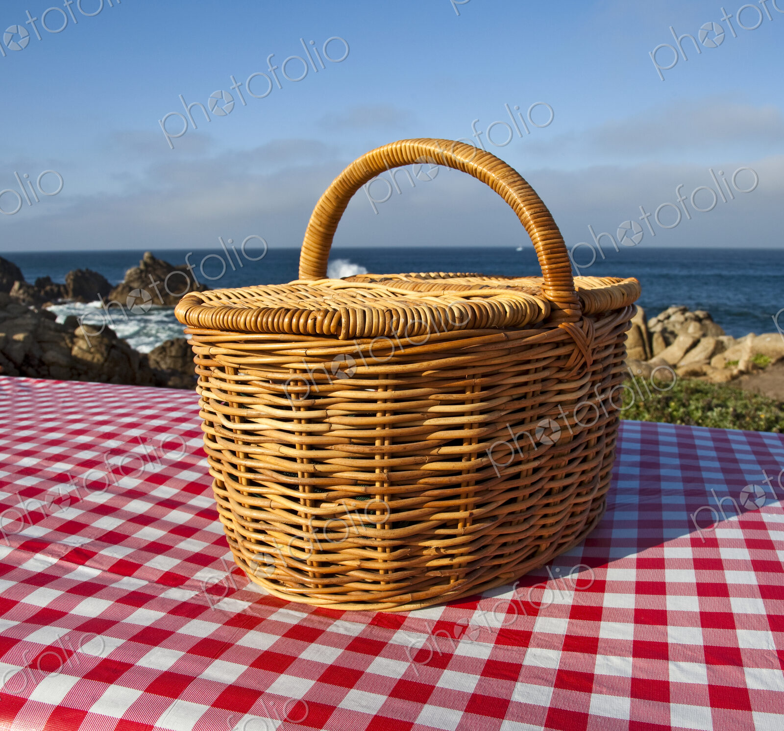 Picnic Basket on Wooden Picnic Table