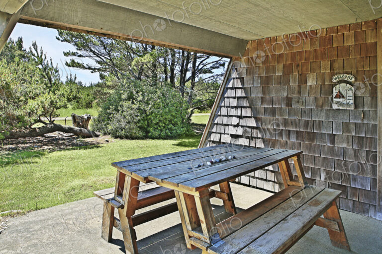 Picnic table in backyard of modern house