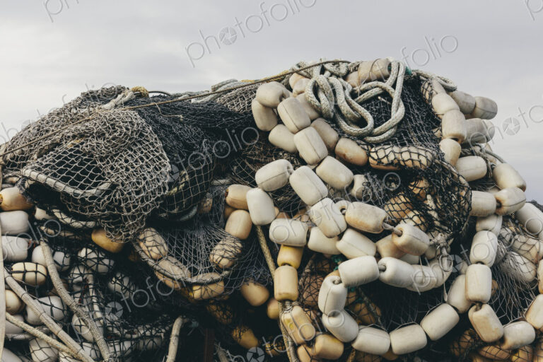 Pile commercial fish nets and gill nets, Fishermen's Terminal, Seattle, Washington