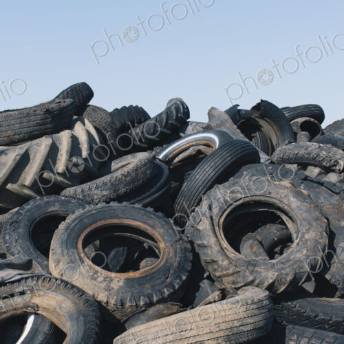Pile of discarded auto and tractor tires in rural landfil, near Kildeer, Saskatchewan,…