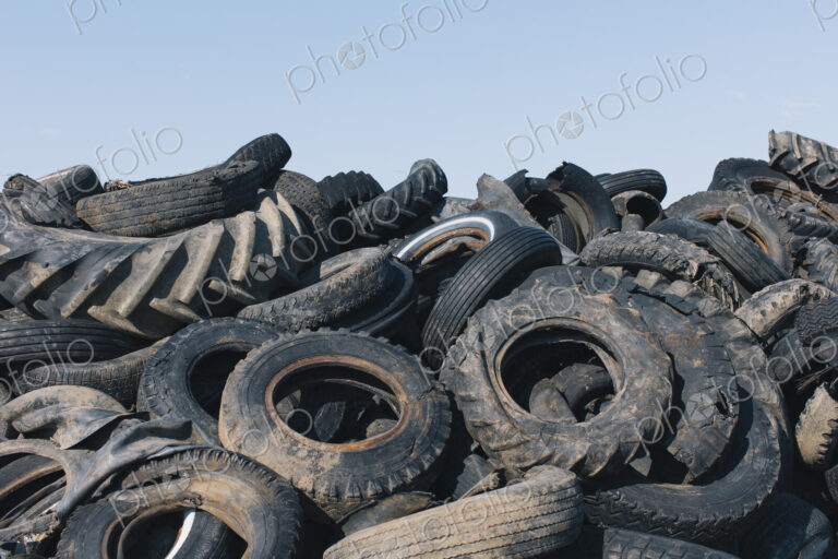 Pile of discarded auto and tractor tires in rural landfil, near Kildeer, Saskatchewan,…