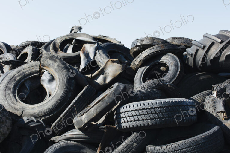 Pile of discarded auto and tractor tires in rural landfil, near Kildeer, Saskatchewan,…
