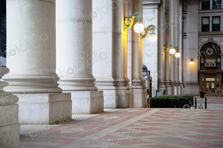 Pillars and Brick Sidewalk at Dusk, New York City, NY