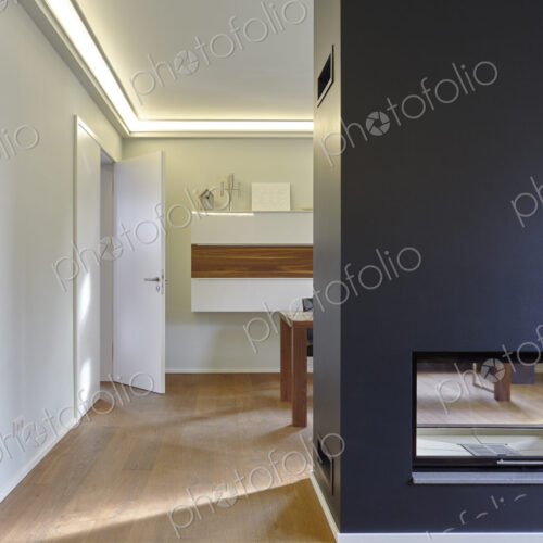 Plank floor and modern fireplace in home