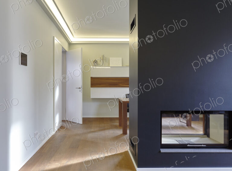 Plank floor and modern fireplace in home