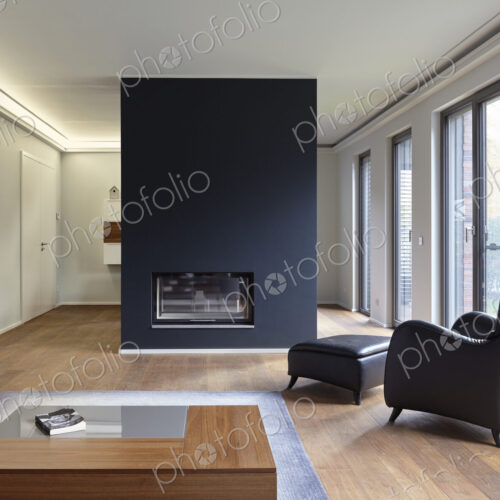 Plank floor and modern fireplace in home Plank floor and modern fireplace in home
