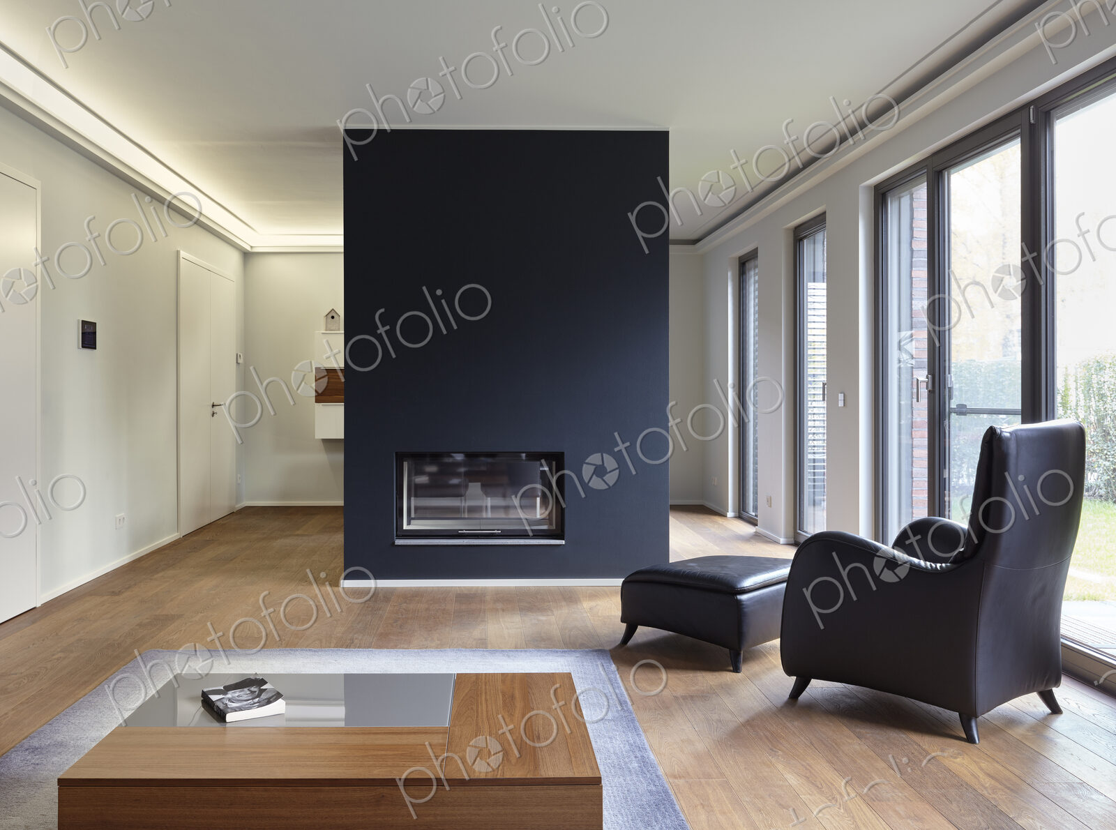 Plank floor and modern fireplace in home