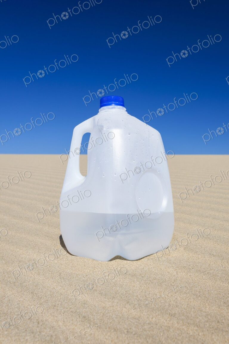 Plastic gallon water jug resting on sunlit sand dune with a vibrant blue sky overhead.…