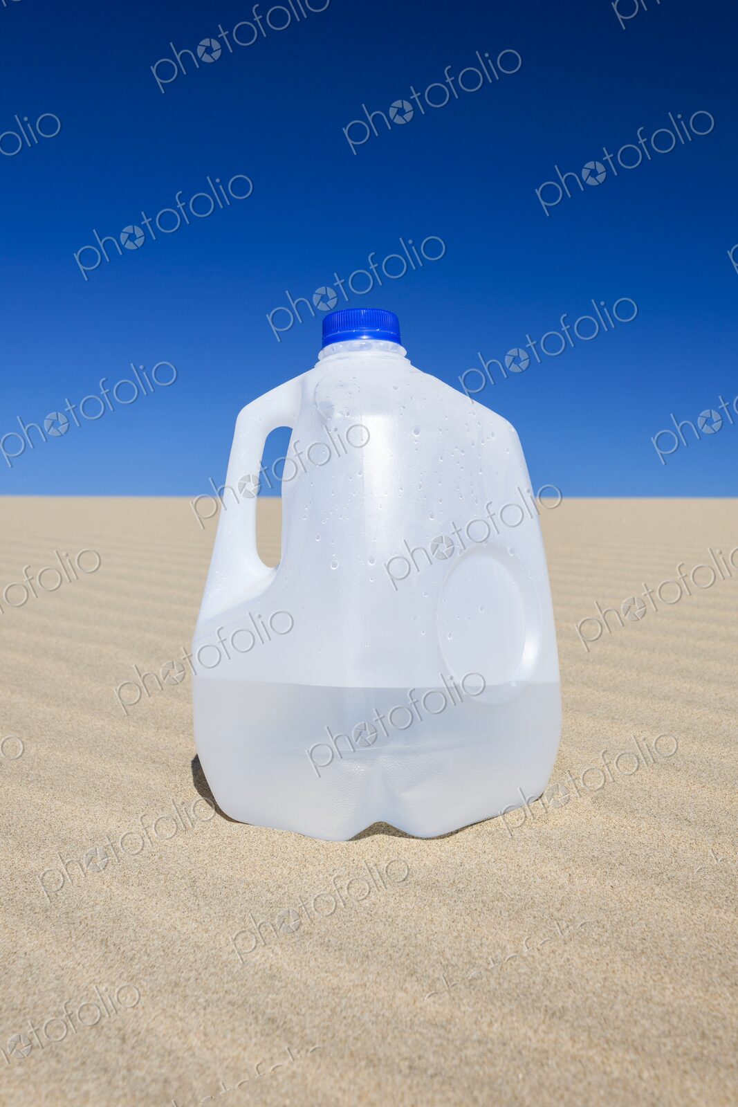 Plastic gallon water jug resting on sunlit sand dune with a vibrant blue sky overhead.…