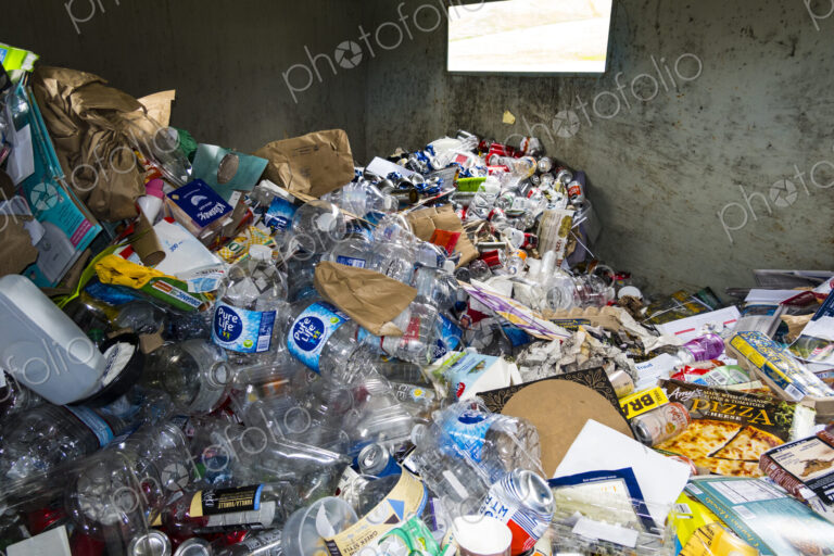 Plastic products in recycling bin, Port Angeles, WA USA