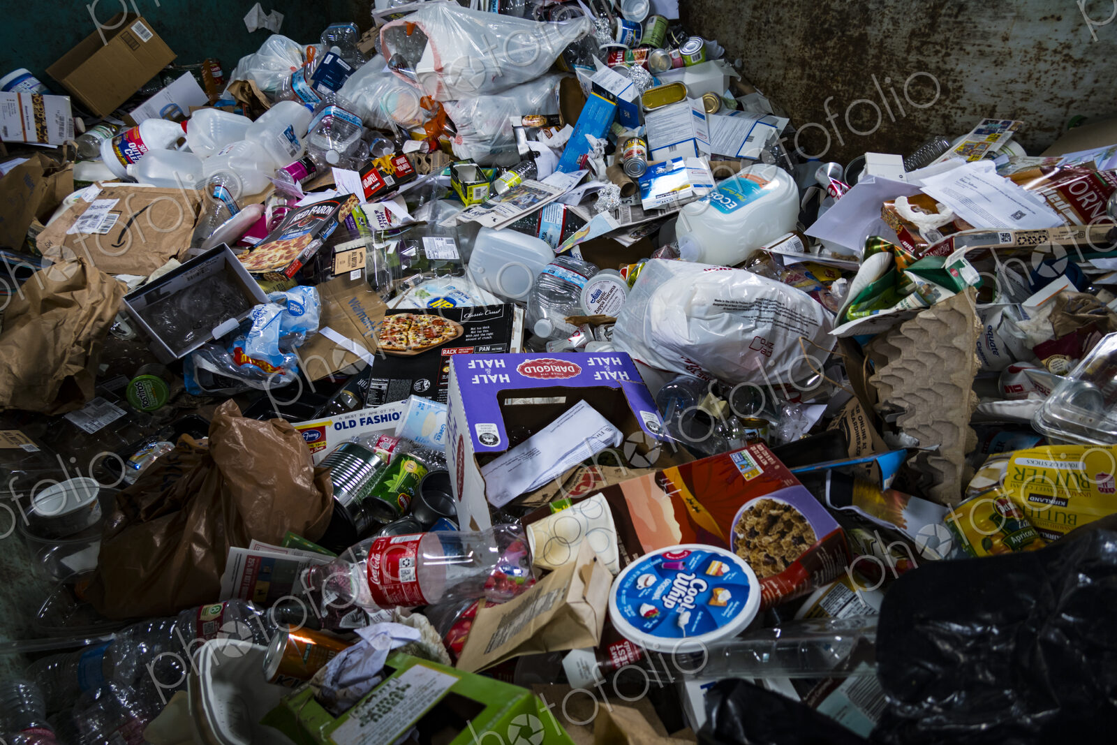Plastic products in recycling bin, Port Angeles, WA USA