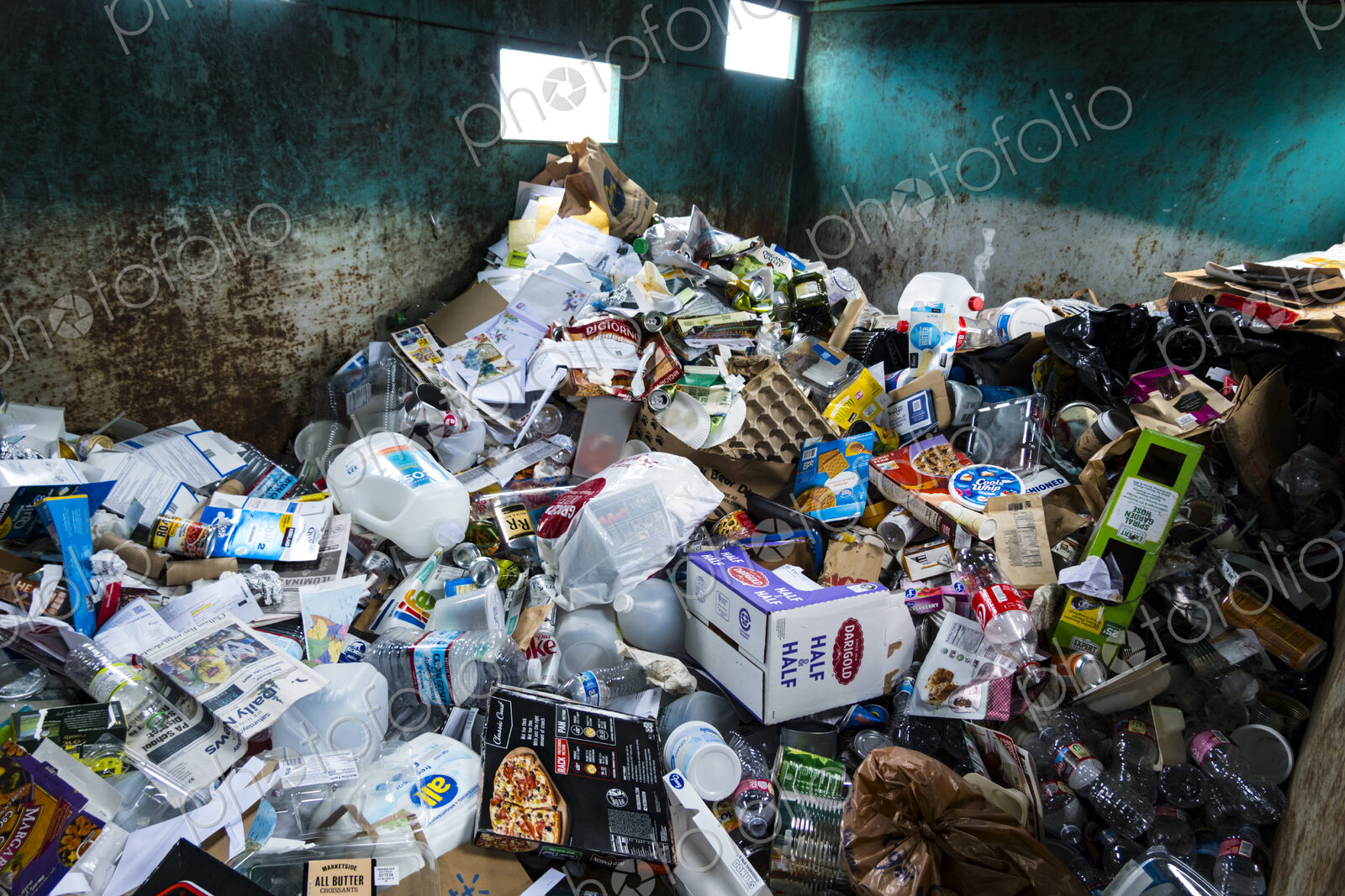 Plastic products in recycling bin, Port Angeles, WA USA