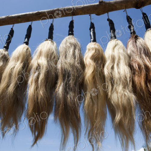 Plumes of human hair hanging from a frame against a blue sky.