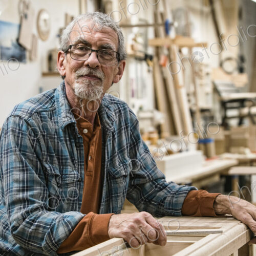 Portrait of a senior Caucasian carpenter in a large woodworking shoop.