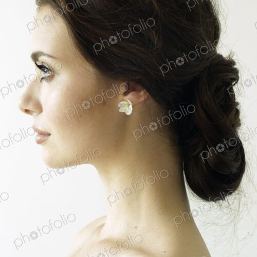 Portrait of a woman with brown hair tied in an elegant bun. Portrait of a woman with brown hair tied in an elegant bun.
