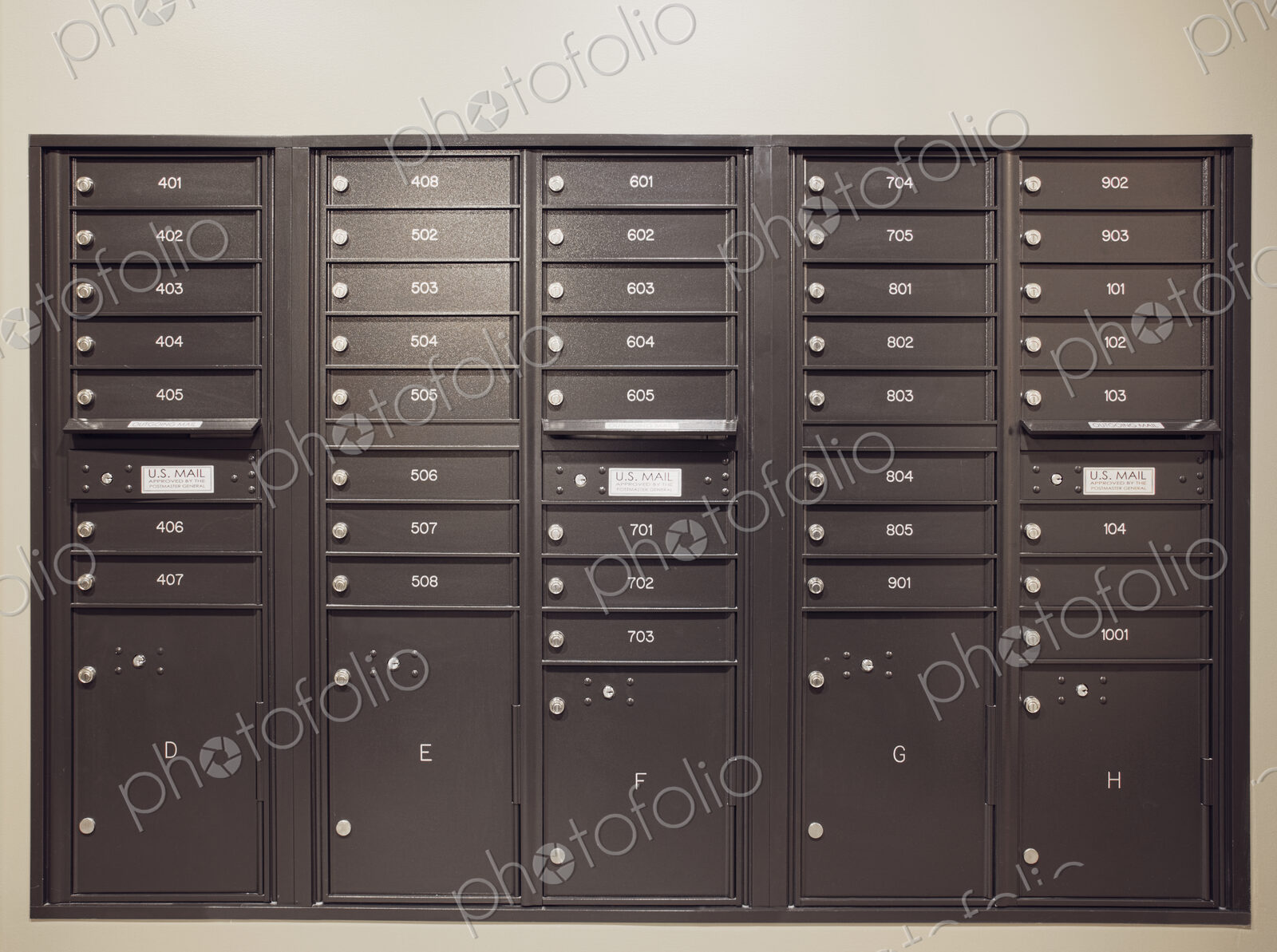 Post cabinets and mail boxes.