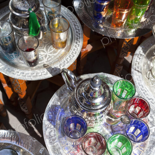 Pots of mint tea & glasses, The Souk, Marrakech, Morocco