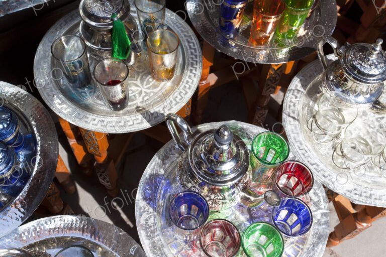 Pots of mint tea & glasses, The Souk, Marrakech, Morocco