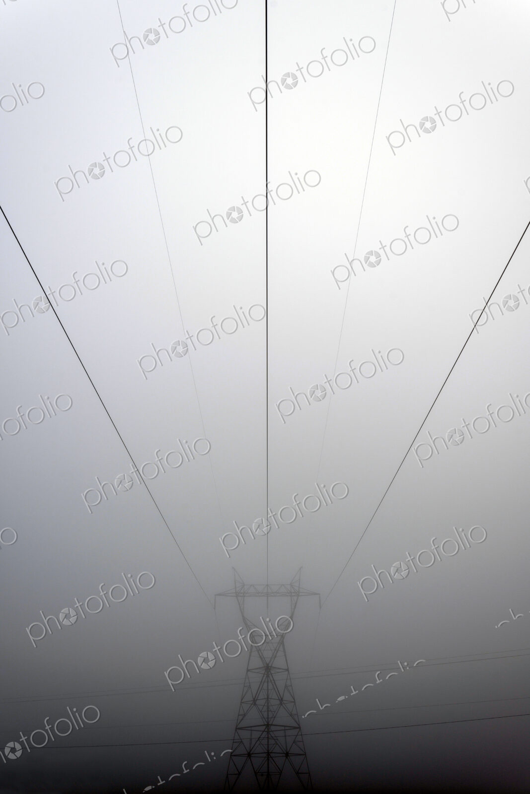 Power lines and foggy sky