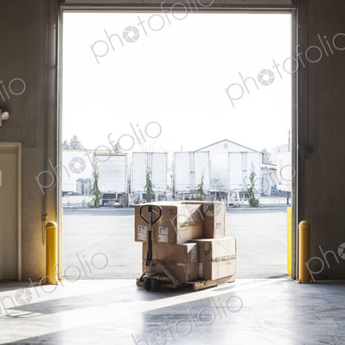 Products in boxes at a loading dock door in a distribution warehouse.