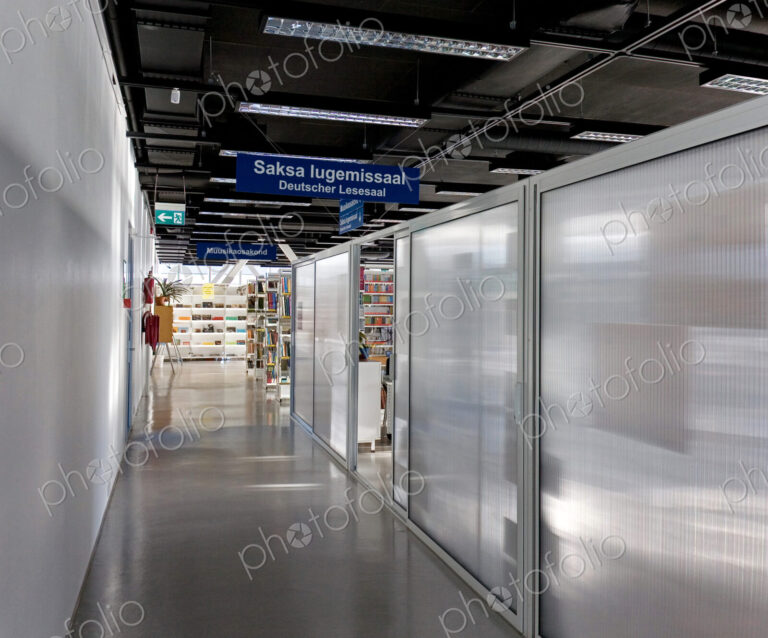 Public Library Interior, modern building with book shelves