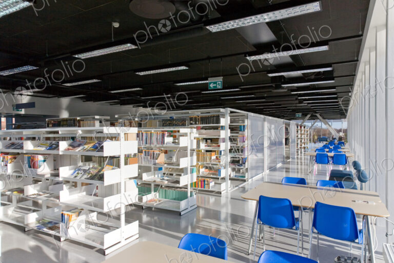 Public Library Interior, modern building with book shelves