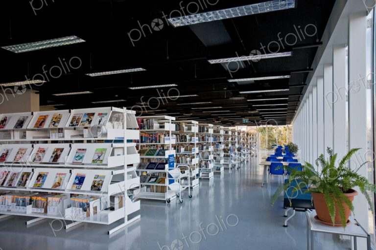 Public library, modern interior with shelves of books
